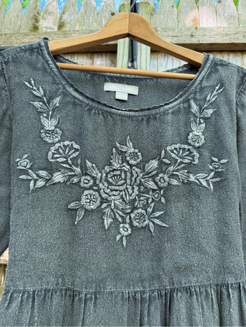April Cornell Brianna Maxi Dress Charcoal Acid Washed w Hand Embroidery Modest - Picture 3 of 7